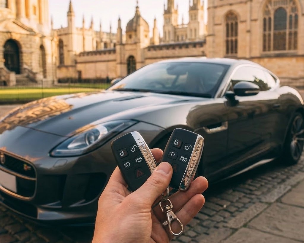 Jaguar sports car with two Jaguar smart keys held in front