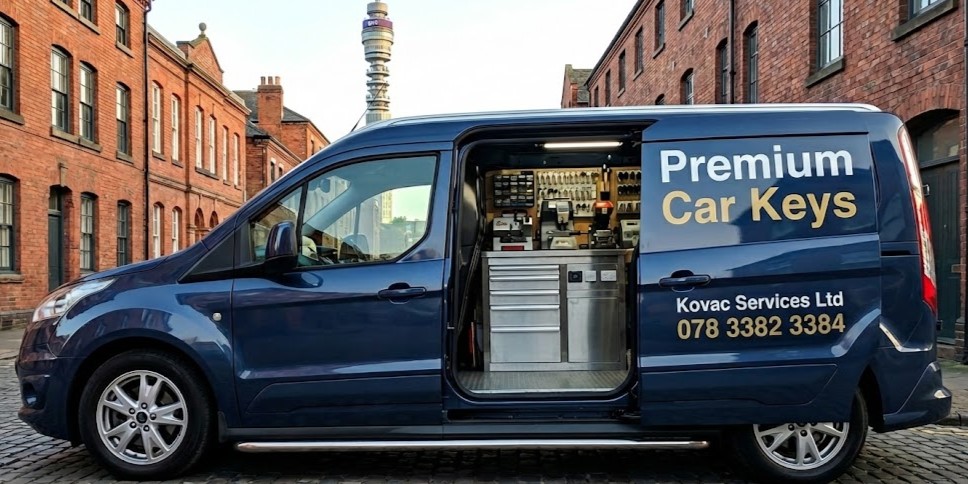 Premium Car Keys mobile workshop van in front of brick buildings